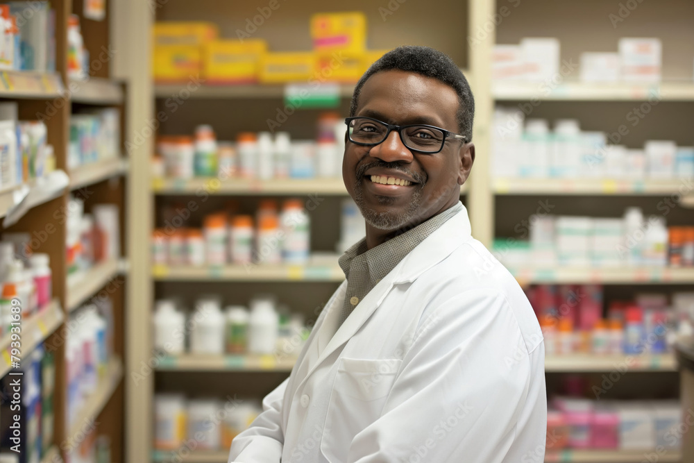 Cheerful male pharmacist wearing glasses and a lab coat standing in a drugstore