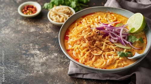 A bowl of creamy yellow Khao Soi noodle curry with crispy fried noodles on top  alongside slices of pickled cabbage and a squeeze of lime Earthy brown background with a side copy spac
