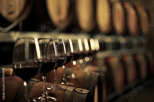 A beautiful display of multiple wine glasses elegantly arranged on a wooden barrel with a backdrop of wine barrels in a softly lit cellar, capturing a sophisticated and tranquil dining atmosphere.