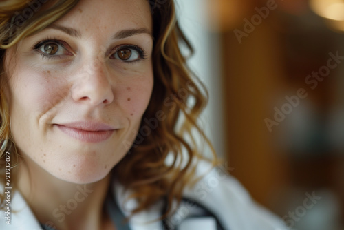 Close-up of a thoughtful female doctor, gentle smile conveying empathy and professionalism.
