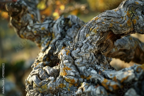 This image features a close-up view of a twisted, ancient vine blanketed in lichen. The intricate texture and warm lighting emphasize the natural beauty and complexity of the vine.