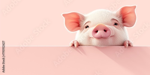 cute pig sitting on the edge looking at camera, pink background, copy space concept