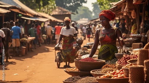 A woman in a striking red dress standing confidently in front of a bustling market photo