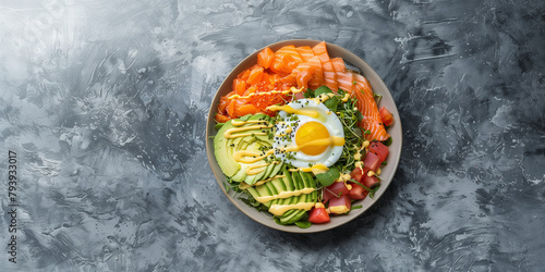 Indulge in the savory delight of a delicious egg salad avocado salmon bowl captured from a captivating top view. Feast your eyes on the vibrant array of ingredients meticulously arranged to create 