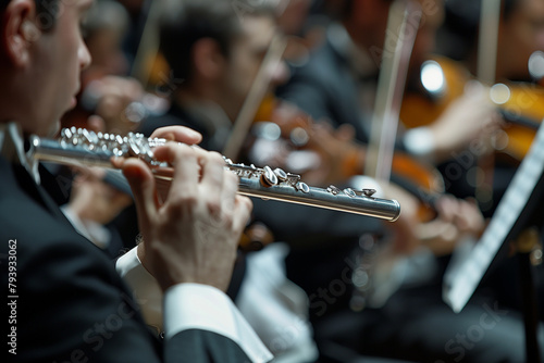 Dynamic Contrast: Contrast the piccolo player's diminutive instrument against the backdrop of larger orchestral instruments, symbolizing the power of musical contrast. photo