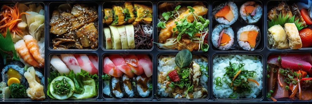 A vibrant array of Japanese sushi and sashimi delicacies arranged meticulously in a bento box showcasing the diversity and culinary art of Japanese cuisine