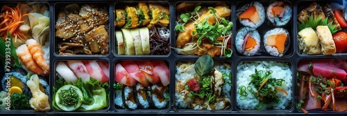 A vibrant array of Japanese sushi and sashimi delicacies arranged meticulously in a bento box showcasing the diversity and culinary art of Japanese cuisine