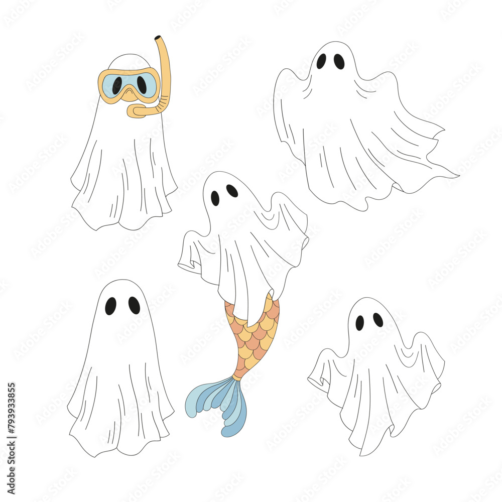Retro groovy cartoon ghosts in white blanket in diving mask with mermaid tail vector illustration set isolated on white. Hand drawn line art drawing style cute beachy phantoms print collection Retro groovy cartoon ghosts in white blanket in diving mask with mermaid tail vector illustration set isolated on white. Hand drawn line art drawing style cute beachy phantoms print collection