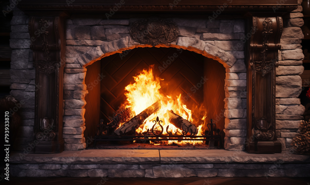 Fireplace with wood fire, classic stone design, generated ai