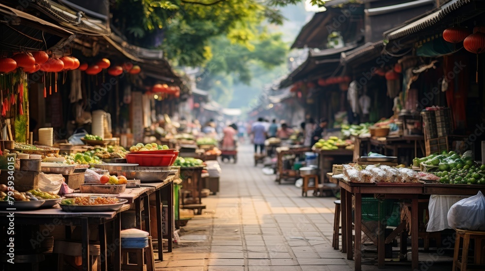 Bustling market scene filled with an array of delicious foods displayed on tables under colorful canopies