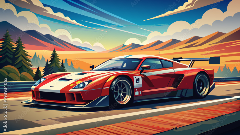 Naklejka premium A sports car on the road.The road into the distance. The car rushes along a picturesque road.Let's go! An illustration of a car ready for new discoveries in the vast expanses. abstract page