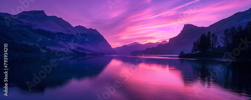 Purple sunset over the river, beautiful colorful panoramic view, generated ai 