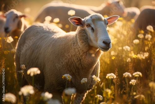 Wooly sheep looking at camera while the sun sets over blooming field. Generative AI