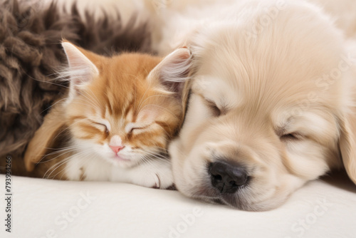Kitten and puppy sleeping together. Animal care. Love and friendship. Domestic animals. Generative AI