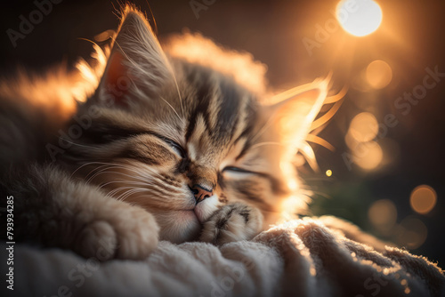 Cute little tabby kitten sleeps on soft blanket. Animal care. Generative AI