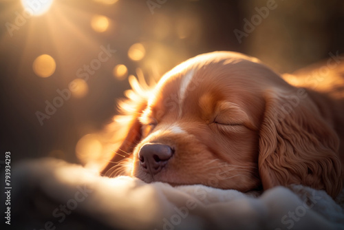 Cute English Cocker spaniel puppy sleeps on soft blanket. Animal care. Evening light. Generative AI