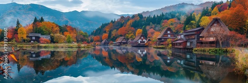 Serene autumn scenery with traditional wooden houses alongside a calm lake with reflections of colorful foliage and mountains in the historical village of Shirakawa-go, Japan