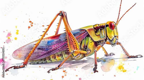 Colorful illustration of grasshopper in watercolor style design isolated