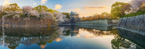 Majestic view of Osaka Castle surrounded by cherry blossoms and reflected in the castle moat, showcasing the beauty of spring and historical Japanese architecture photo