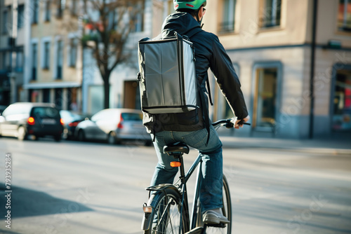 Food delivery man on his bike with gray backpack riding through the city © TP71