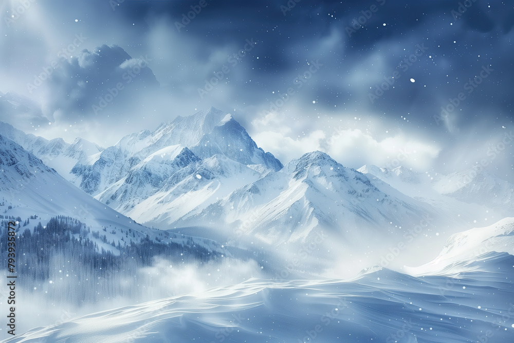 Beautiful snowcovered mountains, snowflakes falling in the sky, winter background Beautiful snowcovered mountains, snowflakes falling in the sky, winter background