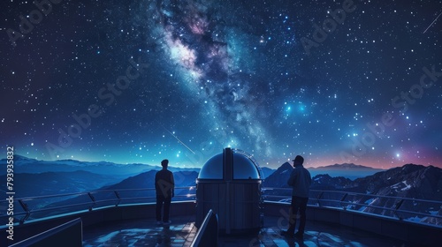Two astronomers are observing the night sky from an observatory. photo