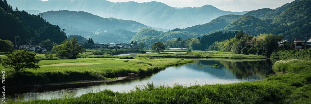 A serene green landscape of a rural countryside with a winding river against mountains backdrop A serene green landscape of a rural countryside with a winding river against mountains backdrop