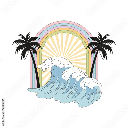 Retro groovy summer beach sunrise with rainbow palm trees silhouette foamy waves vector illustration isolated on white. Hand drawn line art drawing style sunrise at seaside print poster postcard