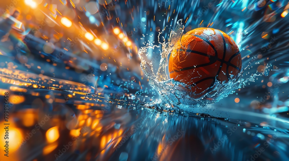 A basketball hitting a puddle of water with a splash and a lot of backlight - obrazy, fototapety, plakaty 