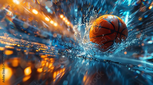 A basketball hitting a puddle of water with a splash and a lot of backlight photo