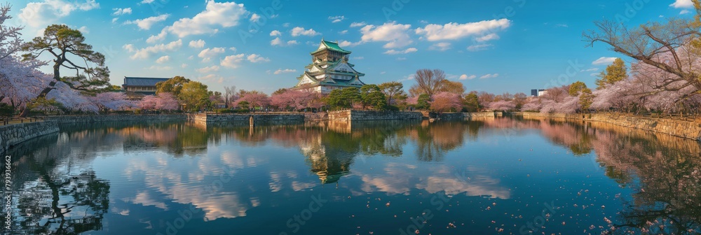Naklejka premium Historic Osaka Castle during cherry blossom season with reflections on the moat