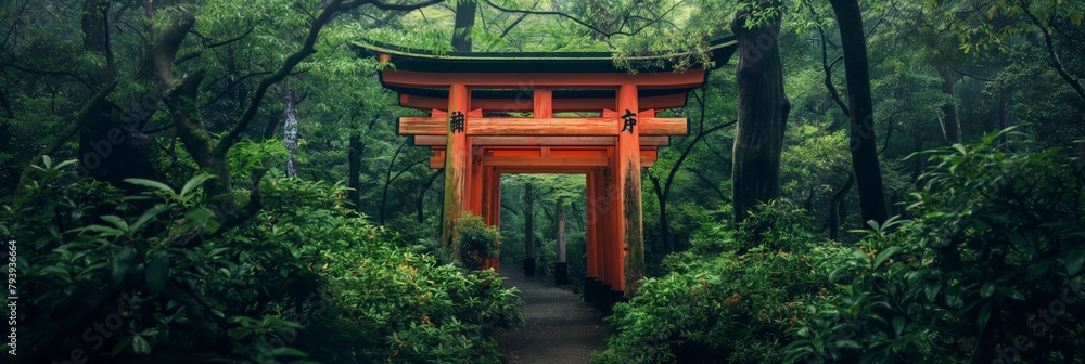A serene path leading through multiple traditional Japanese Torii gates surrounded by lush green forest, evoking a sense of mystery and tradition A serene path leading through multiple traditional Japanese Torii gates surrounded by lush green forest, evoking a sense of mystery and tradition