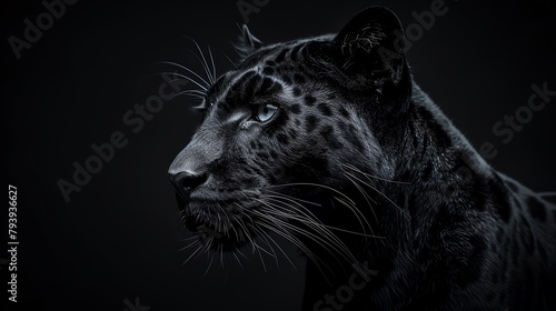 A black panther staring at the camera with blue eyes