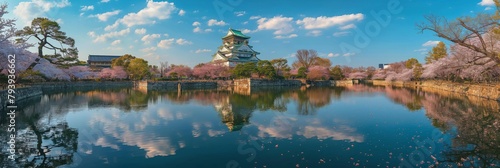 Historic Osaka Castle during cherry blossom season with reflections on the moat