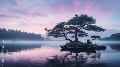 Tranquil Morning: Lone Tree and Boat on Misty Lake at Dawn © heroimage.io