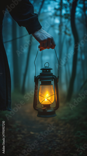 Hand-held lantern lighting a path