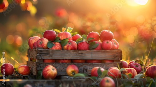 A crate full of ripe red apples sitting in an orchard at sunset.