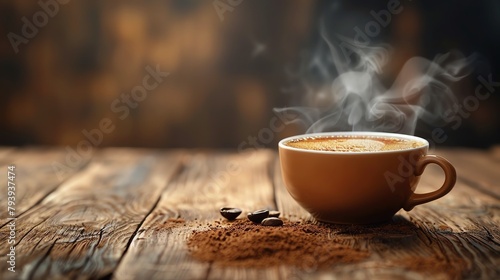 A cup of coffee on a wooden table. photo