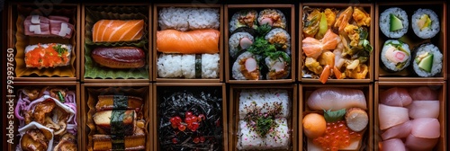 Premium selection of sushi types arranged in a wooden bento box, offering a feast for the eyes as well as the palate