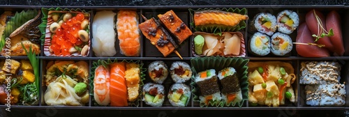 A beautifully presented bento box filled with various types of freshly made sushi and sashimi, ready for a gourmet meal