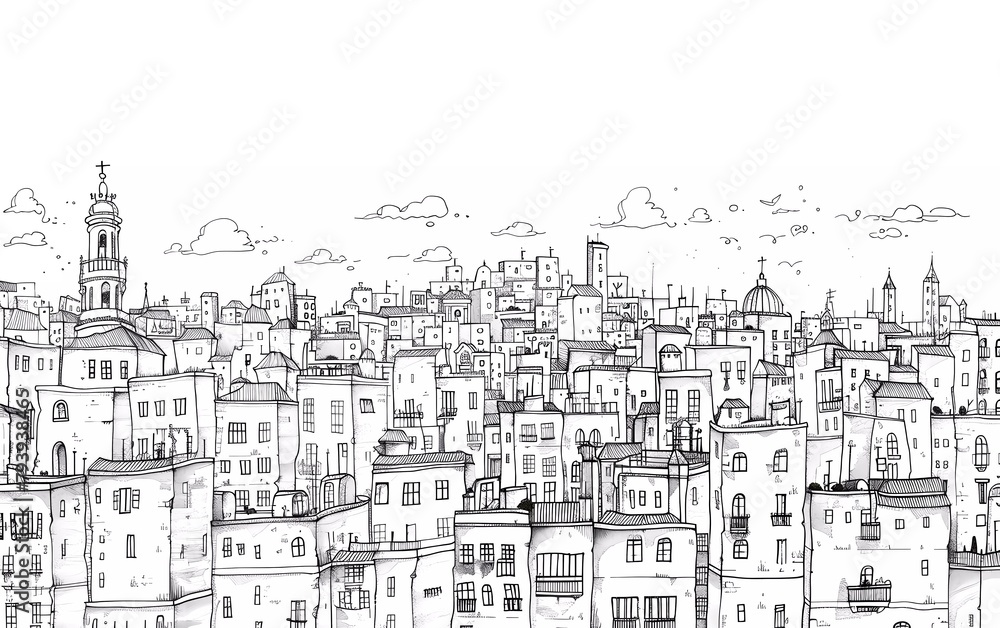 Hand drawn City Sketch for your design, Drawn in black ink on white background 