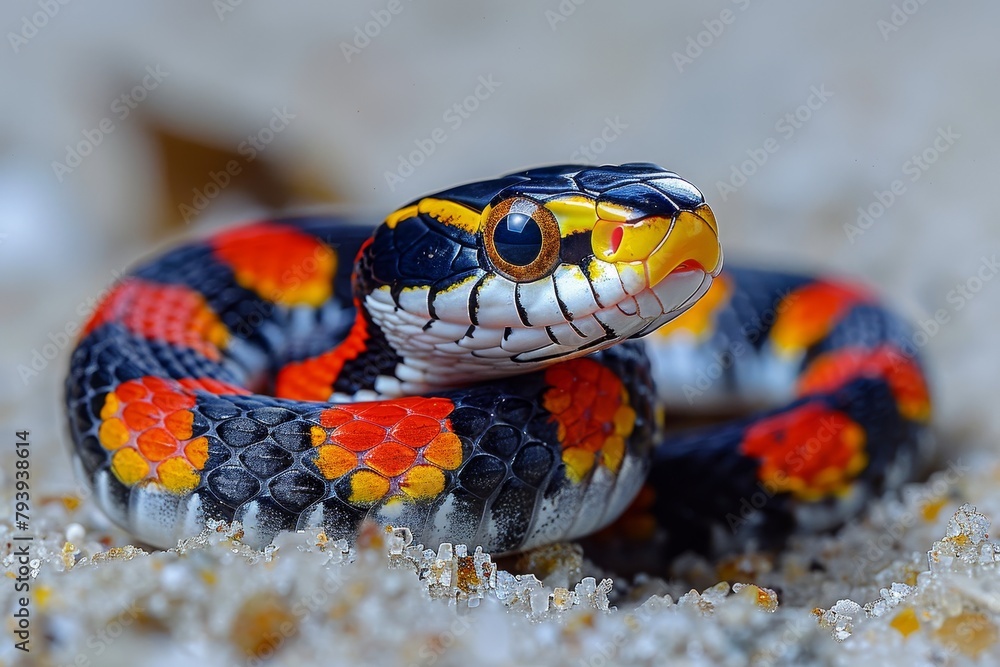 Eastern Coral Snake: Slithering across sand with bright red, black, and yellow bands, emphasizing warning colors Eastern Coral Snake: Slithering across sand with bright red, black, and yellow bands, emphasizing warning colors
