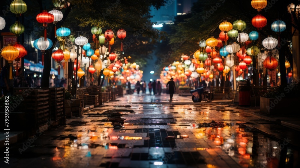 A city street bursting with colorful lanterns hanging overhead, creating a vibrant and magical atmosphere