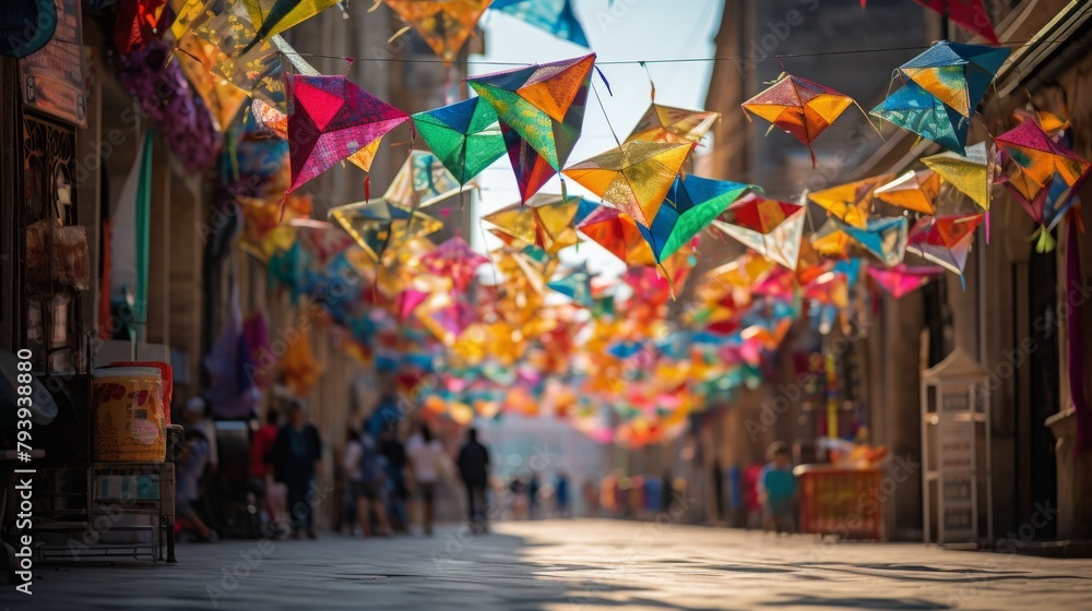 People walking down a colorful street under floating kites