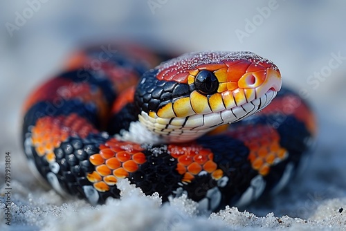 Eastern Coral Snake: Slithering across sand with bright red, black, and yellow bands, emphasizing warning colors photo