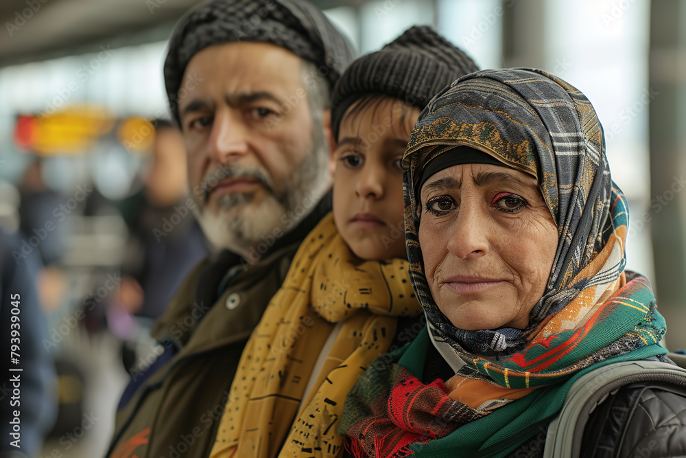 A refugee family arrives at an airport - their hopeful eyes looking forward to new beginnings and the promise of a fresh chapter in a new country