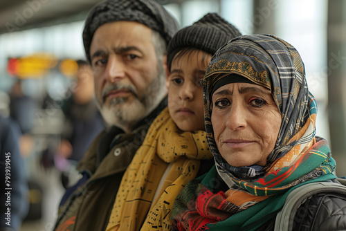 A refugee family arrives at an airport - their hopeful eyes looking forward to new beginnings and the promise of a fresh chapter in a new country