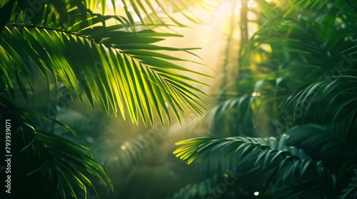 Golden sunlight streams through dense palm foliage  casting a warm  dappled light in a peaceful green oasis.