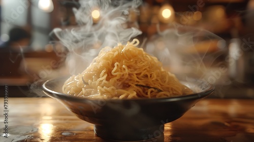 Noodles with steam and smoke in bowl on wooden background, selective focus, Asian meal on a table, junk food concept