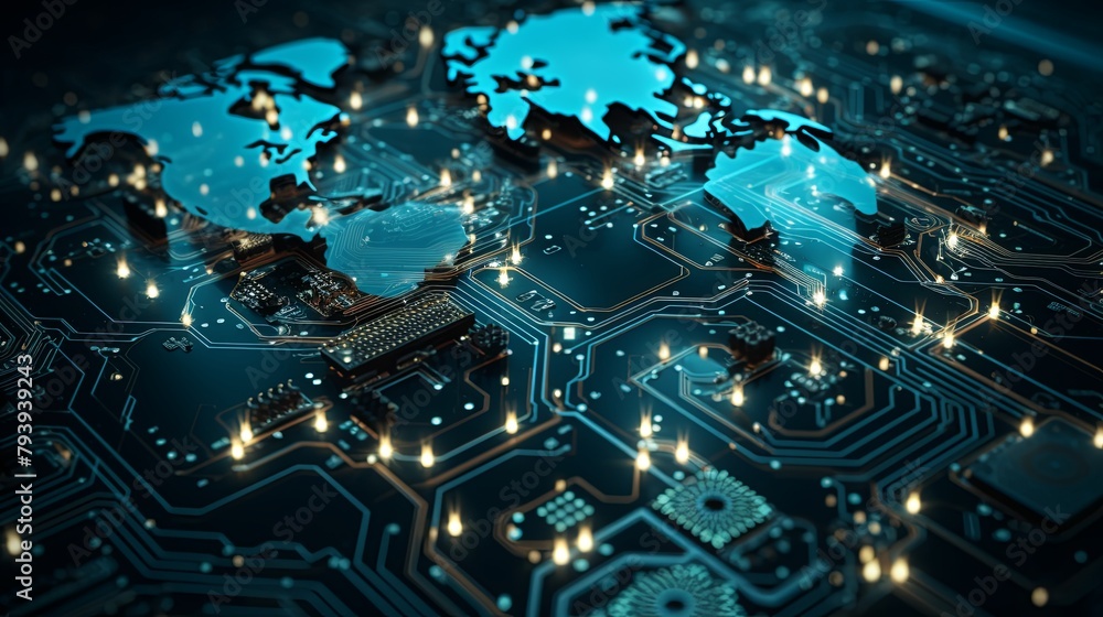 A circuit board with a map of the world made of glowing lights on it.